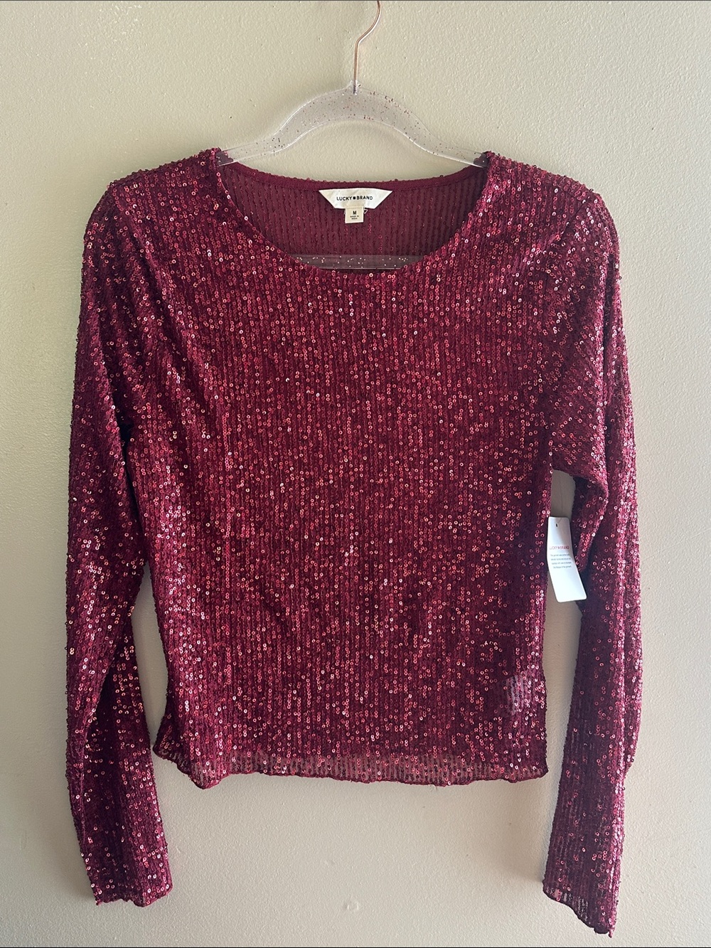 Lucky Brand Medium Red Sequin Long Sleeve Top NWT